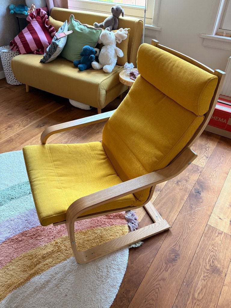 Ikea Poang Armchair / fauteuil - yellow fabric, Huis en Inrichting, Fauteuils, Ophalen, 75 tot 100 cm, Zo goed als nieuw, 50 tot 75 cm