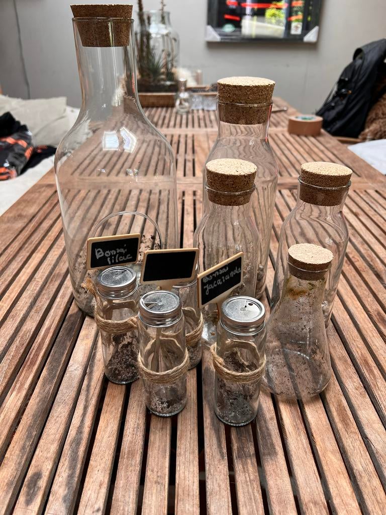 Diverse lege flessen en potjes met kurk en touw, Huis en Inrichting, Woonaccessoires | Overige, Gebruikt, Glas, Ophalen