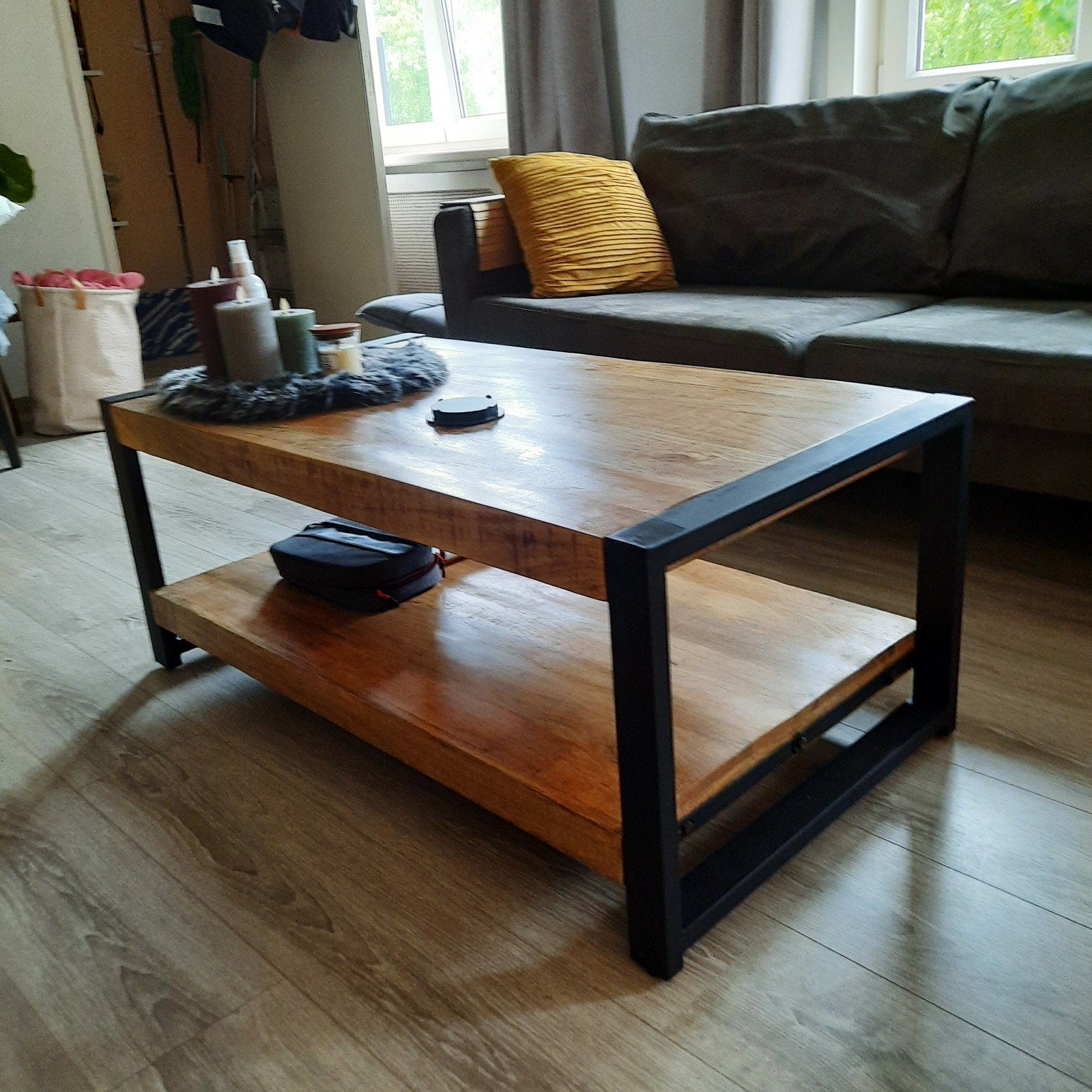 Salontafel industrieel hout en metaal, Ophalen, 100 tot 150 cm, 50 tot 100 cm, Zo goed als nieuw
