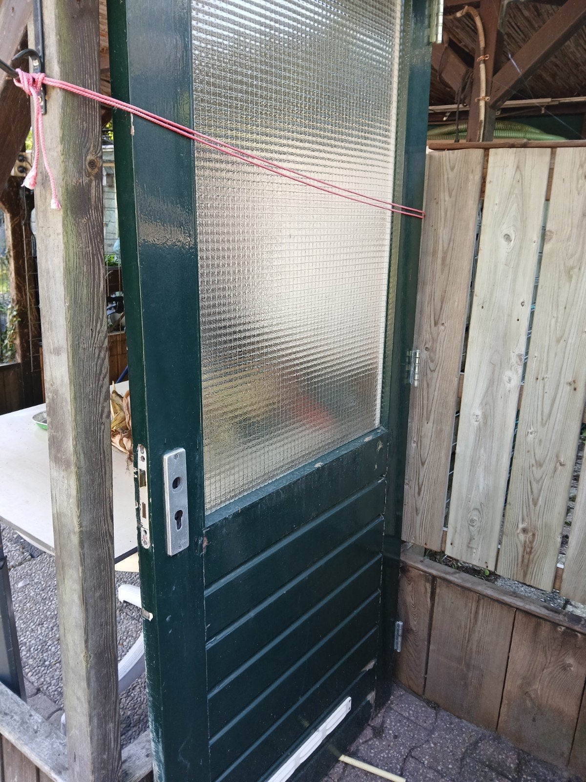 Groene houten deur met glas, Ophalen, Gebruikt, 80 tot 100 cm, Buitendeur
