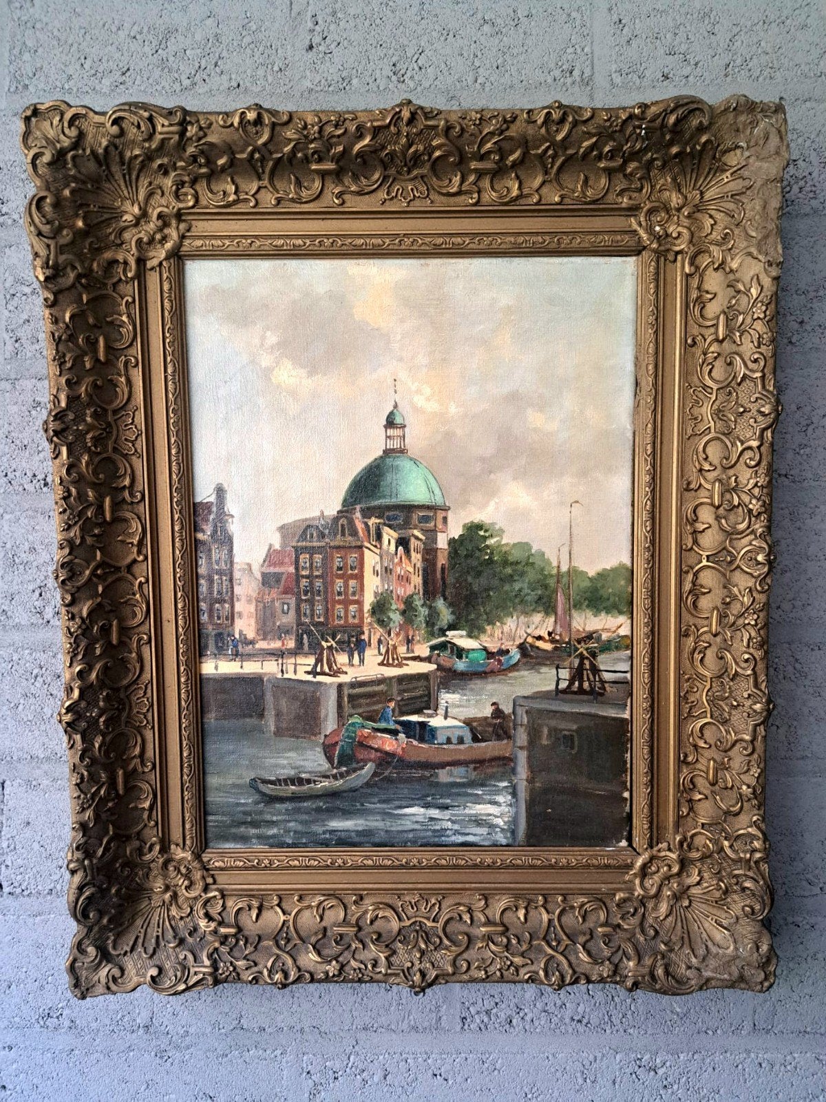 Klassiek schilderij: Stadsgezicht met gracht en koepel, Doek, Origineel werk, Ophalen of Verzenden, Olieverf