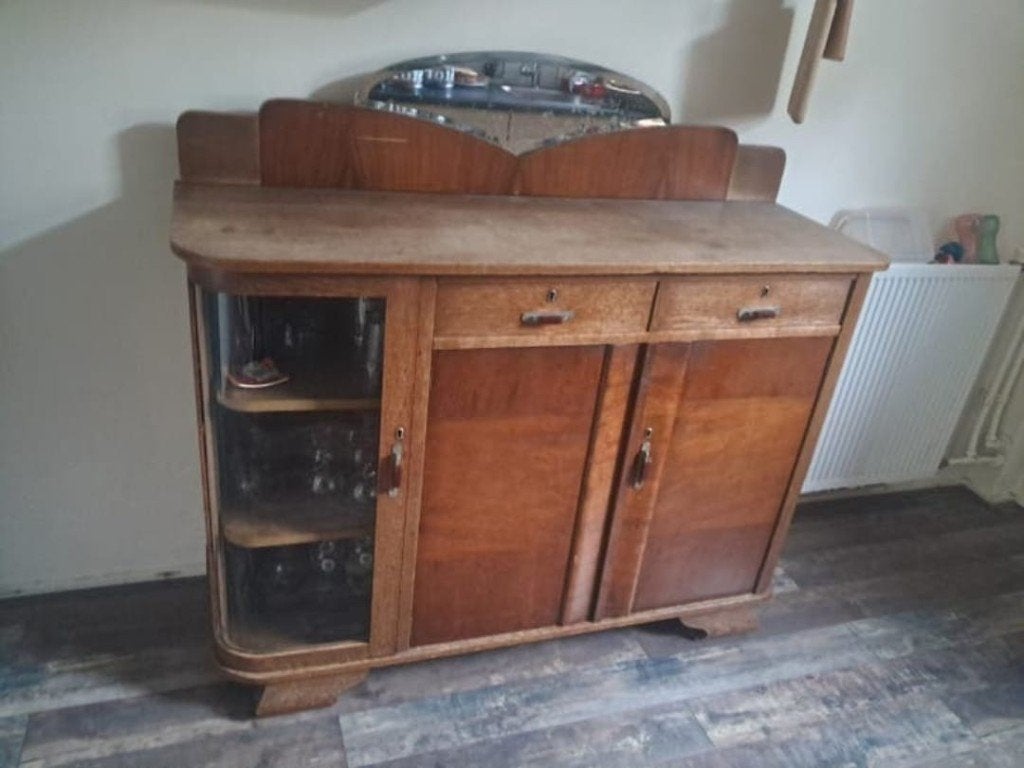 Art Deco / Amsterdamse School dressoir (spiegel en vitrine), Ophalen, Art Deco / Amsterdamse School, Gebruikt, 100 tot 150 cm