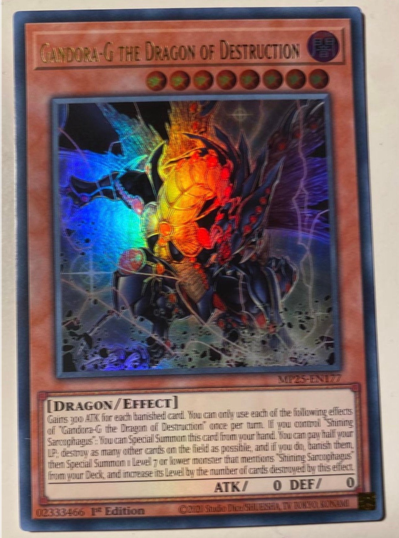 Yu-Gi-Oh! Gandora-G the Dragon of Destruction MP25 1st !, Ophalen of Verzenden, Zo goed als nieuw, Losse kaart, Foil