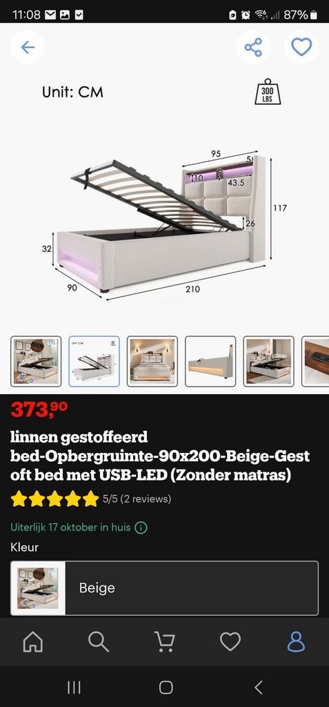 Gestoffeerd bed met opbergruimte, USB en LED (90x200), Kinderen en Baby's, Kinderkamer | Bedden, Nieuw, 180 cm of meer, 85 tot 100 cm