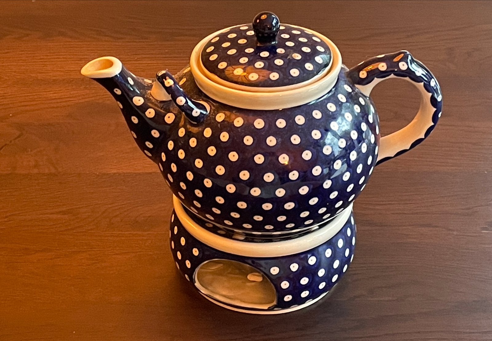 Handgemaakte Poolse blauwe theepot (2L) en theelicht, Blauw, Zo goed als nieuw, Steen/keramiek, Overige merken