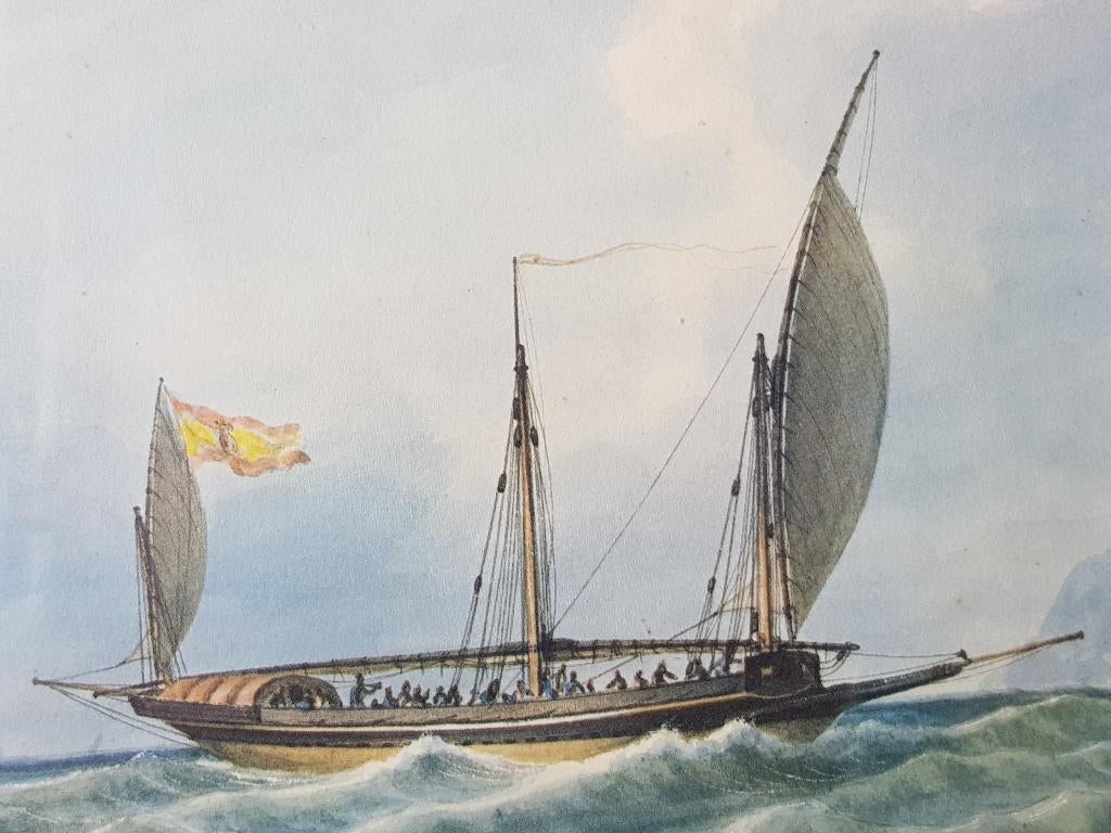 Mooie antieke ingelijste Engelse prent van historisch schip., Ophalen of Verzenden
