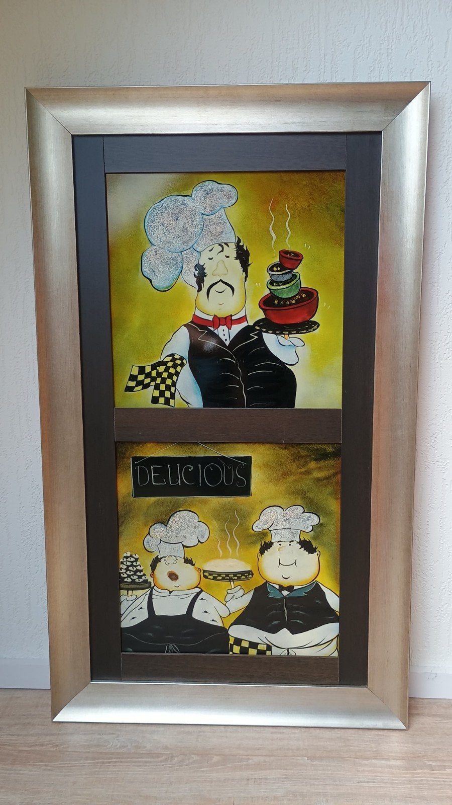 Kunstwerk met een mooie  lijst.Voor keuken of restaurant., Antiek en Kunst, Ophalen, Overig onderwerp, Glas, Achter glas