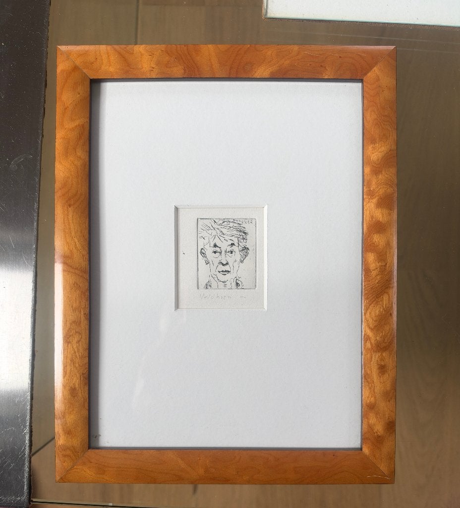 Originele ets Aat Veldhoen – Zelfportret Ingelijst, Overige technieken, Portret, 27 cm, 21 cm