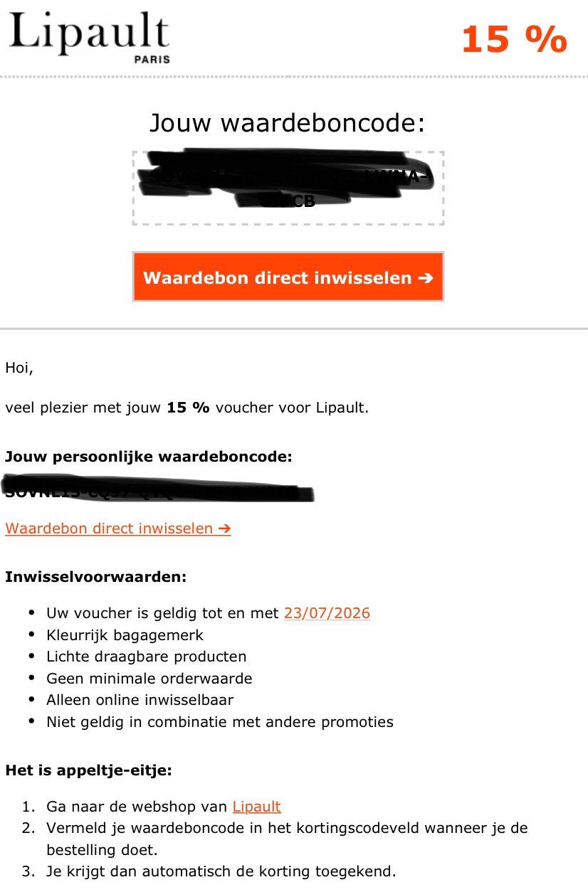 Lipault paris 15% korting, Eén persoon, Kortingsbon, Warenhuis- of Winkelbon