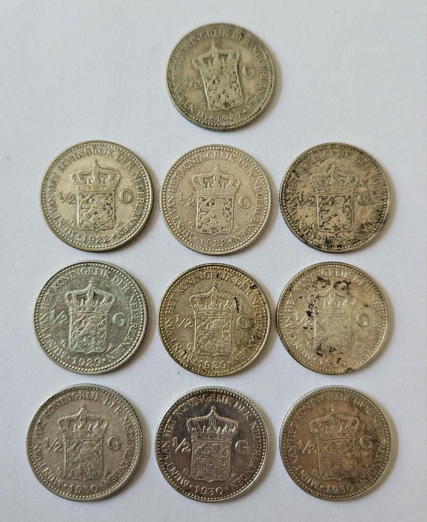 Set van 10x zilveren 1/2 gulden (1921-1930) Wilhelmina, Postzegels en Munten, Munten | Nederland, Setje, Zilver, 25 cent, Ophalen of Verzenden