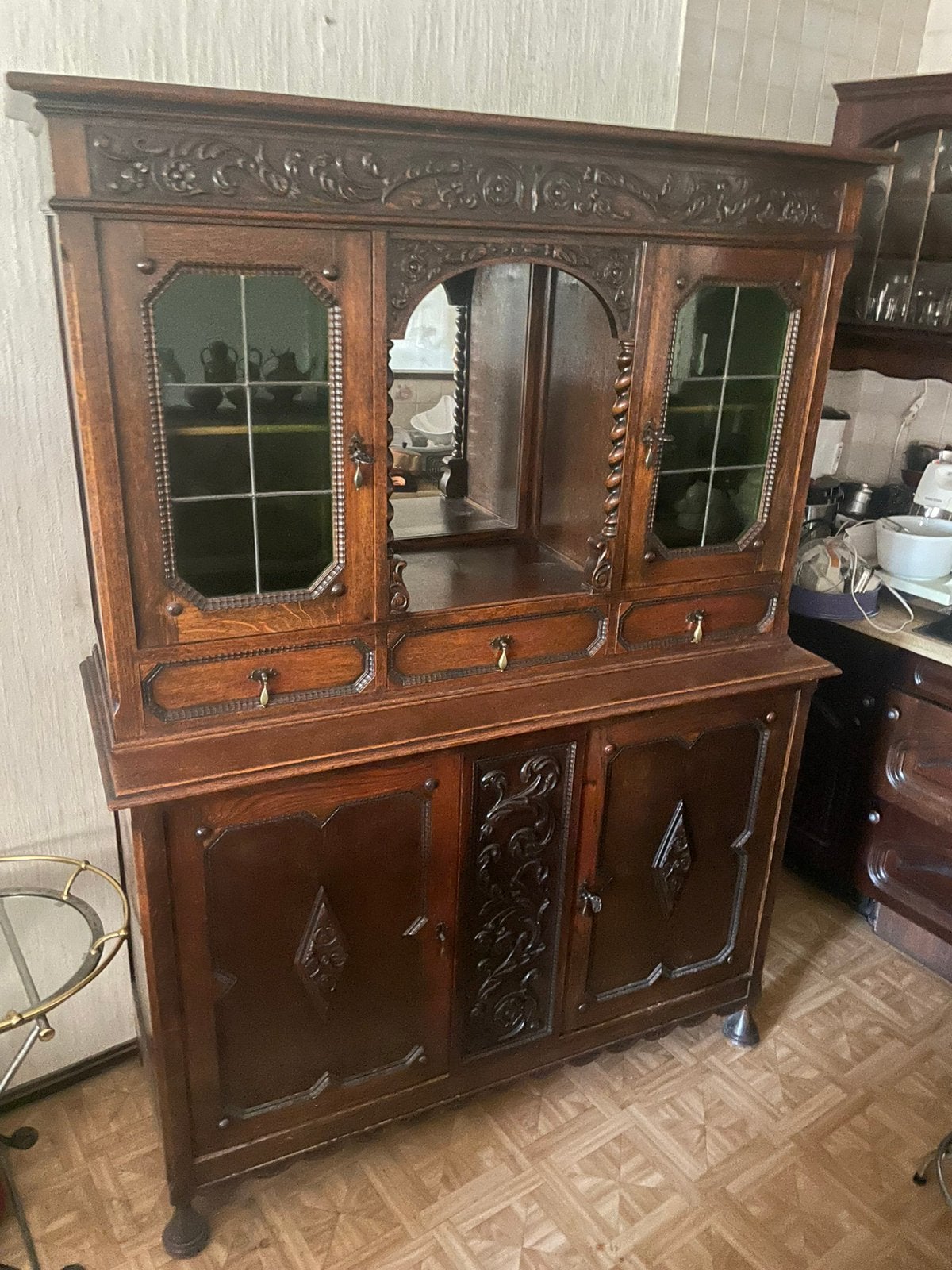 Antieke Mechelse Buffetkast Eikenhout met Glas-in-Lood, Huis en Inrichting, Kasten | Buffetkasten, Ophalen, Gebruikt, 200 cm of meer