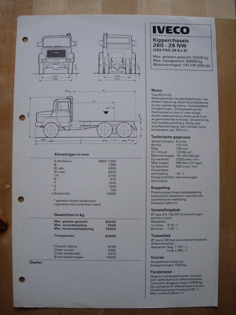 Iveco 260.26 NW 6x6 Torpedo Specificatie Brochure 1984, Iveco, Ophalen of Verzenden, Zo goed als nieuw, Overige merken