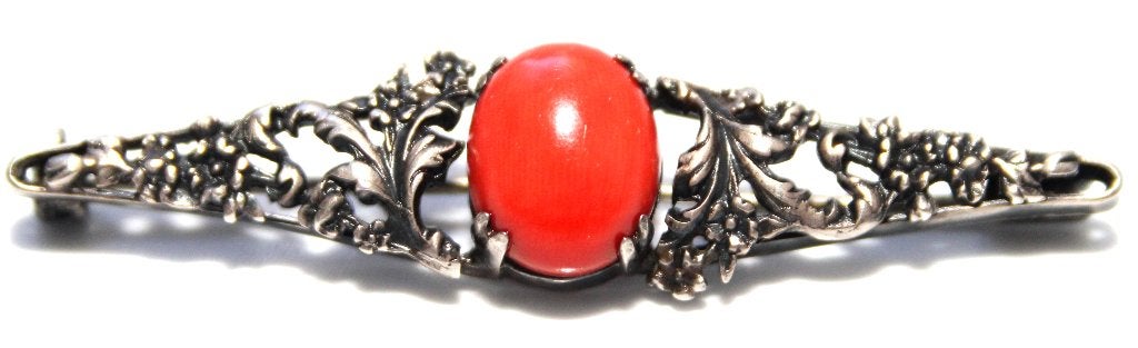 Schitterende Antiek Zilver Bloedkoraal Broche, Sieraden, Tassen en Uiterlijk, Ophalen of Verzenden, Zilver, Broche, Met edelsteen
