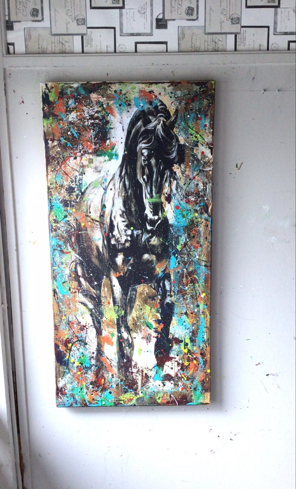Kleurrijke paard- Katoenen Canvasdoek- Mixed Media-120x60cm, Ophalen of Verzenden, Nieuw, Schilderij