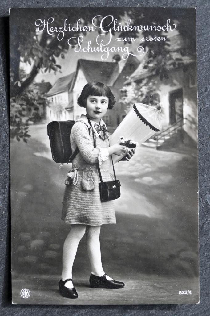 Felicitaties voor de eeste schooldag, met snoepzak, Verzenden, Voor 1920, Ongelopen, Kinderen