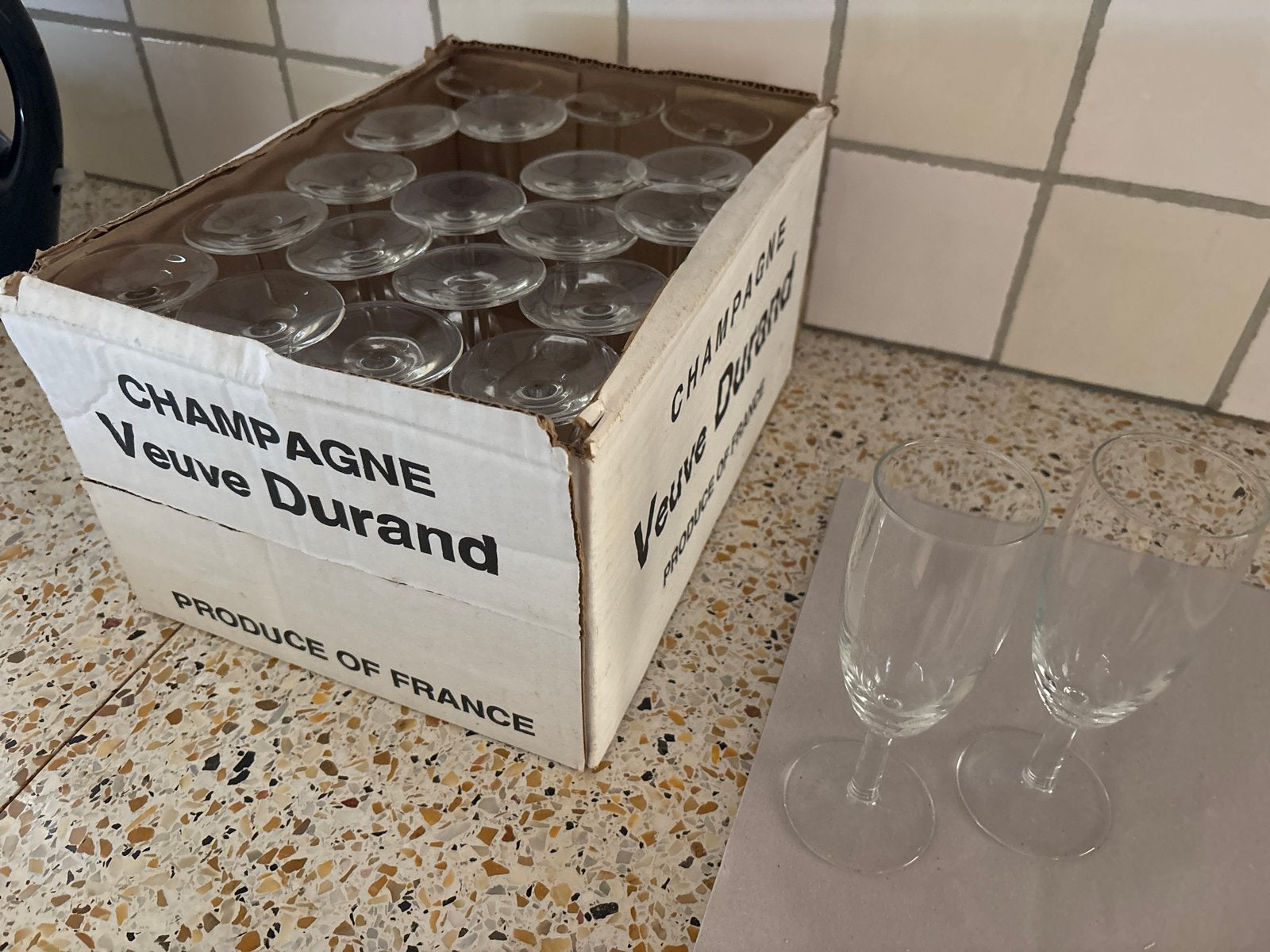 15 Champagneglazen Veuve Durand - 17 cm hoog, Ophalen, Glas of Glazen, Gebruikt, Overige merken