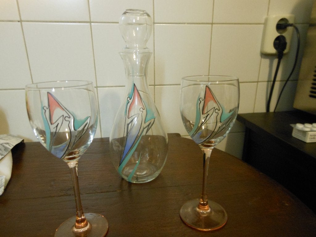 handgeschilderde karaaf 2 glazen, Ophalen