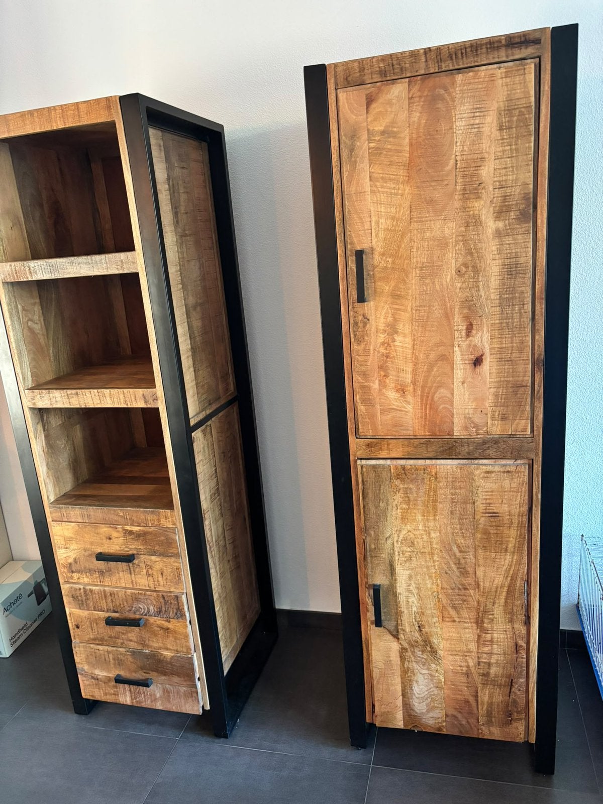 Mooie industriële kastenset (mangohout & zwart staal), Huis en Inrichting, Ophalen, 50 tot 100 cm, Zo goed als nieuw, 150 tot 200 cm