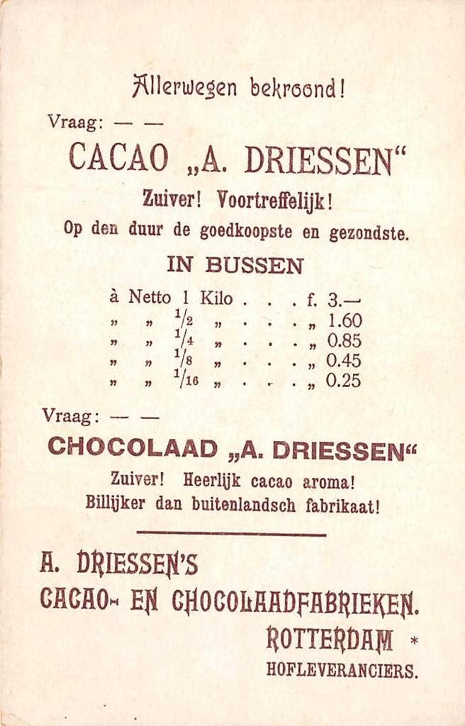 Rotterdam A. Driessen Cacao Chocolaad Reclamekaart, Verzamelen, Ophalen of Verzenden, Voor 1920, Ongelopen, Zuid-Holland