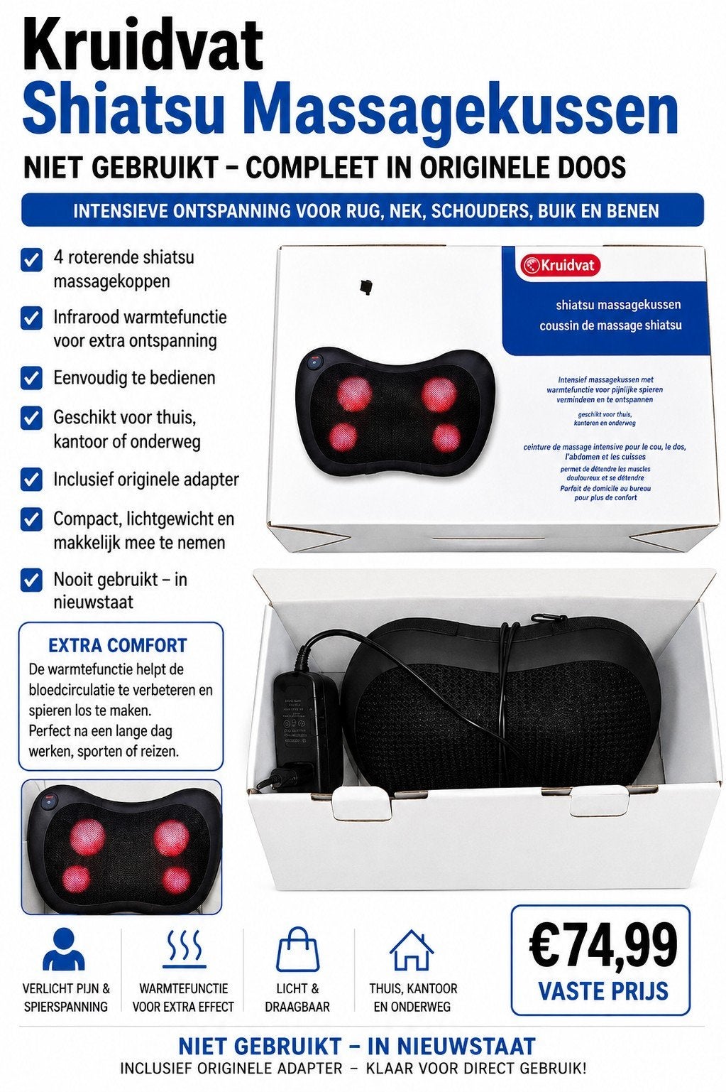 Hoofd Nek Massage Kussen – NIEUW / ONGEBRUIKT, Computers en Software, Ophalen of Verzenden, Nieuw, Shiatsu