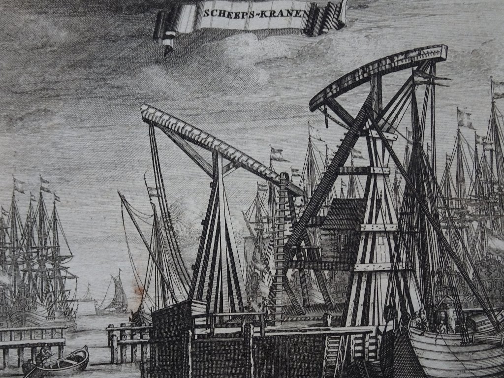 Gravure scheepskranen haven van Amsterdam Vinkeles 1760, Verzenden, Stadsgezicht, Gravure, Origineel