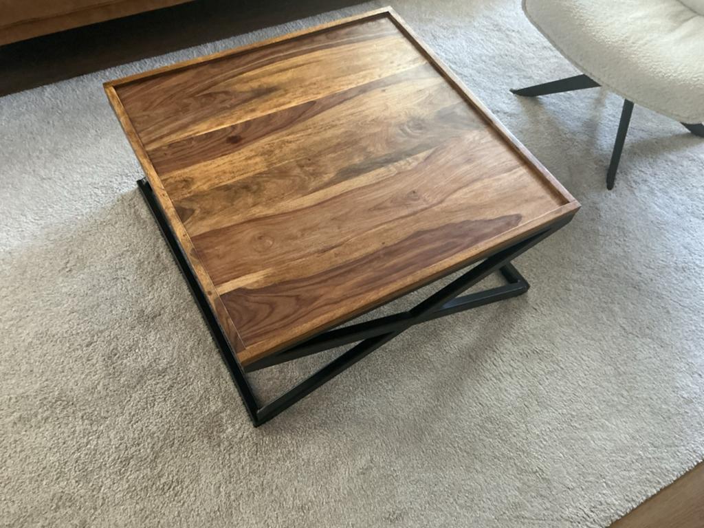 Salontafel met houten blad en metalen onderstel, Huis en Inrichting, Tafels | Salontafels, Gebruikt, Minder dan 50 cm, 50 tot 100 cm