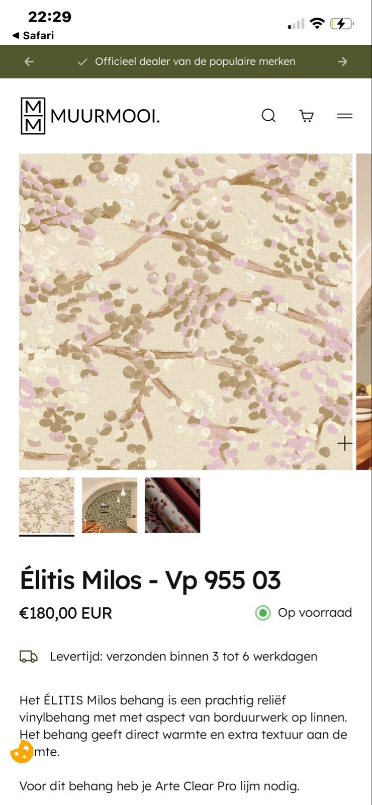 Elitis Milos Behang - Vp 955 03 (restrol), Ophalen, Bloemen, Natuurlijk, Vinylbehang