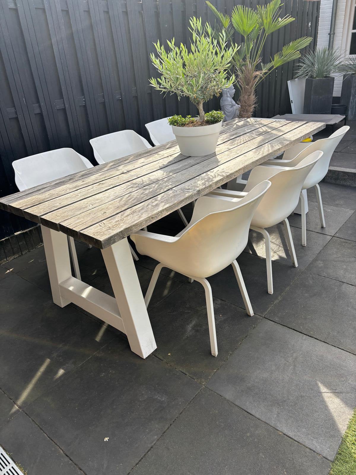 Tafel met stalen poten en 6 hartman kuipstoelen, Tuin en Terras, Ophalen, Gebruikt, Eettafel, 6 zitplaatsen