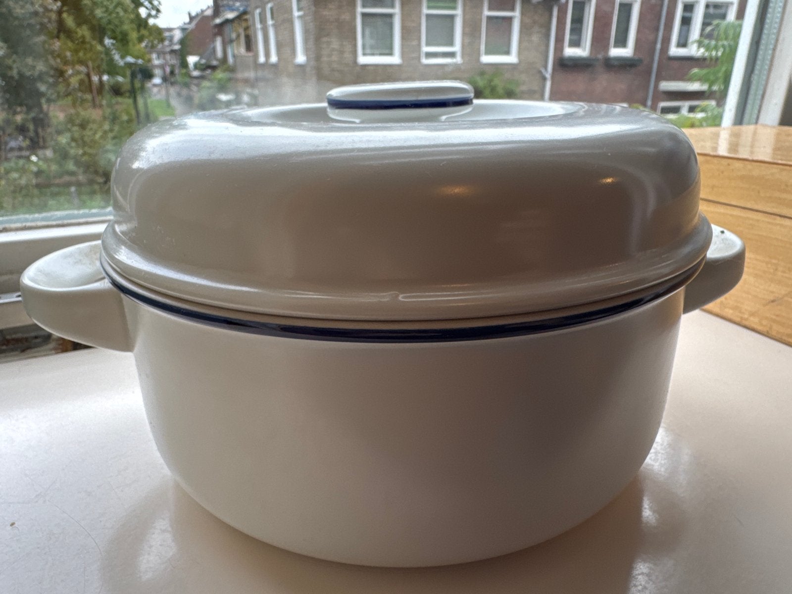 Thomas porseleinen kookpot met blauwe rand, Ø 19.5 cm, Gebruikt, Met deksel, Ophalen of Verzenden, Kookpan