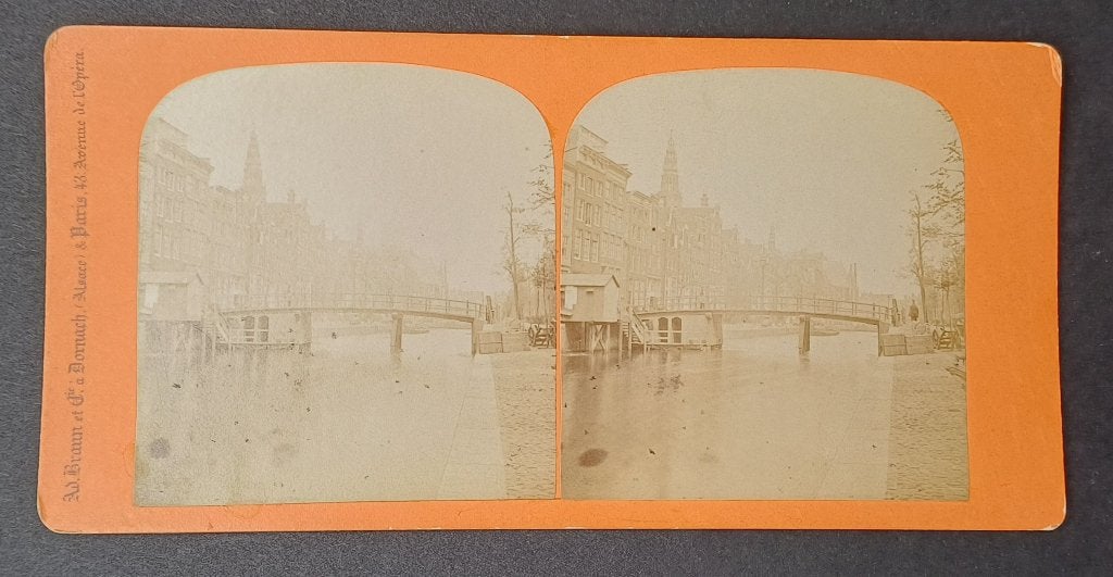 Stereofoto Braun - Amsterdam OZ Voorburgwal ri Oude Kerk, Verzamelen, Foto's en Prenten, Gebruikt, Foto, Ophalen of Verzenden