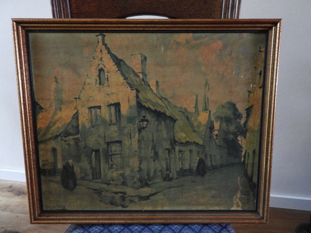 Oleografie stadsgezicht, straatje in Brugge - Julien Celos, Gebruikt, Ophalen of Verzenden, Gebouw, Voor 1940