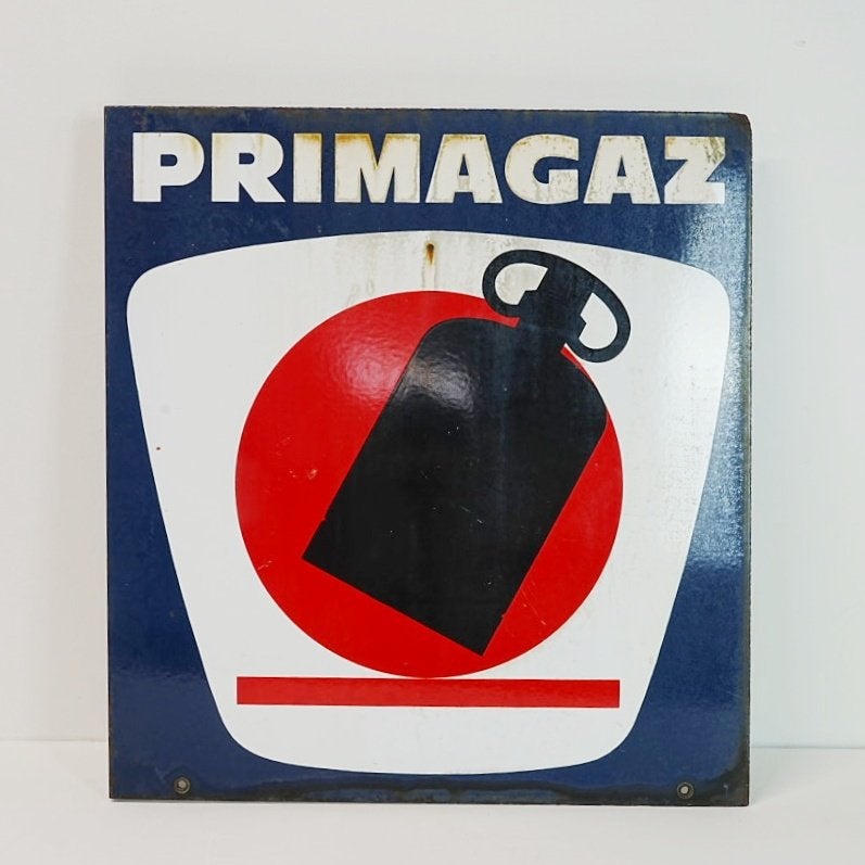 Vintage dubbelzijdig emaille/ staal reclamebord van Primagaz, Ophalen of Verzenden, Gebruikt, Reclamebord