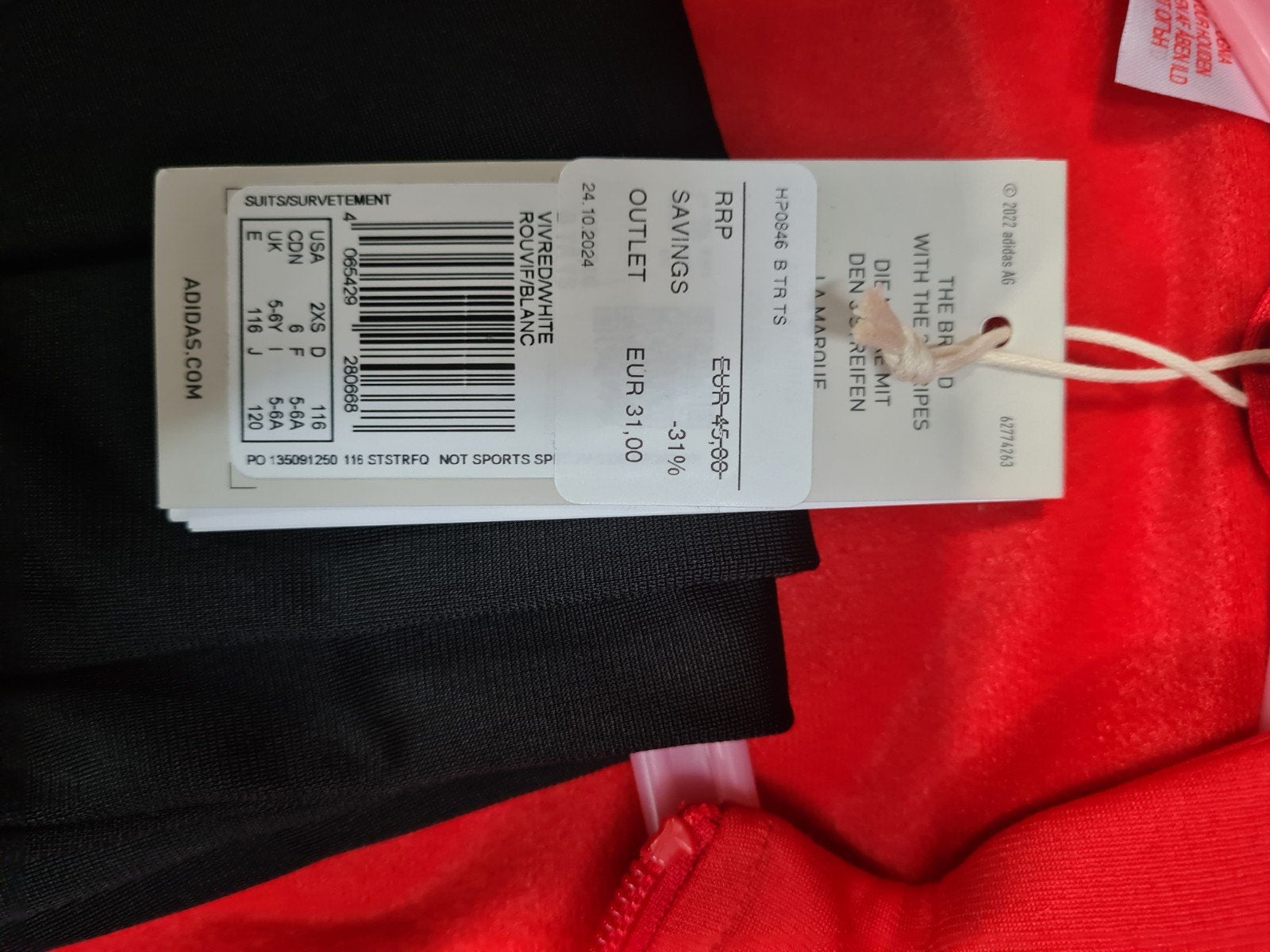 Adidas Kinder Trainingspak Rood/Zwart Maat 116, Adidas, Jongen of Meisje, Nieuw, Ophalen of Verzenden