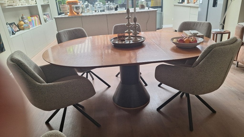 Uitschuifbare Arco Balance eettafel, Huis en Inrichting, Tafels | Eettafels, Ophalen, Gebruikt, 100 tot 150 cm, Rond