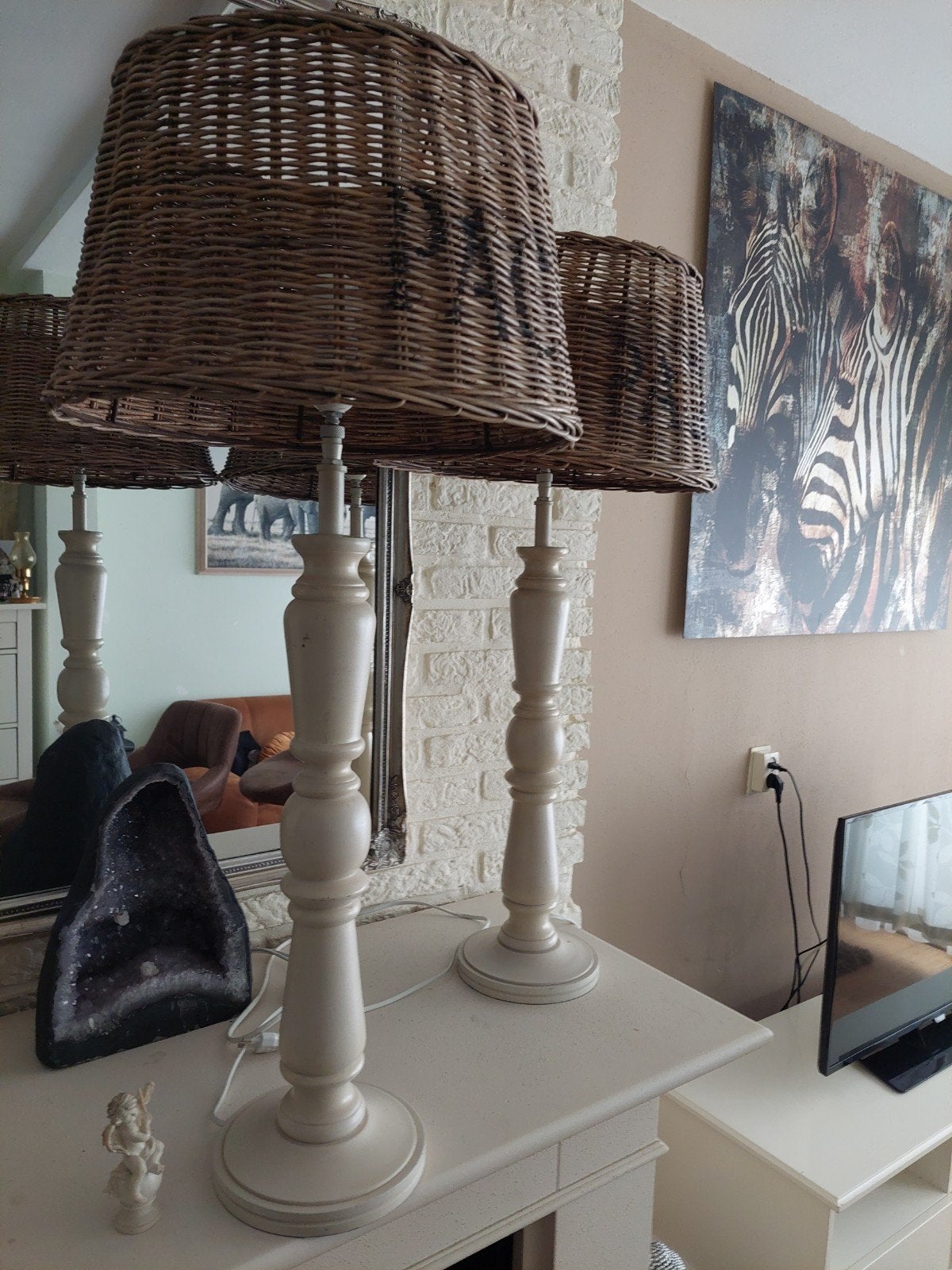 Set van 2  tafellampen met rieten kap riviera maison, Ophalen, Landelijk, Zo goed als nieuw, Hout