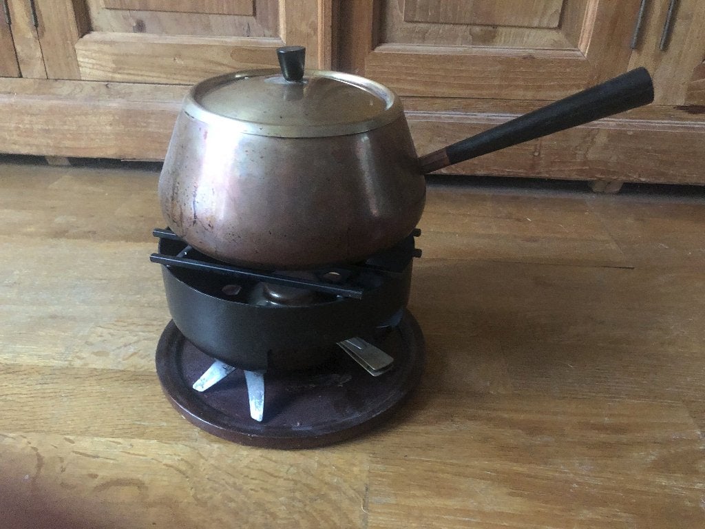 Koperen Fonduepan met Brander en bodemplaat, Witgoed en Apparatuur, Fonduesets, Ophalen of Verzenden, Gebruikt, Brander, Fondueset
