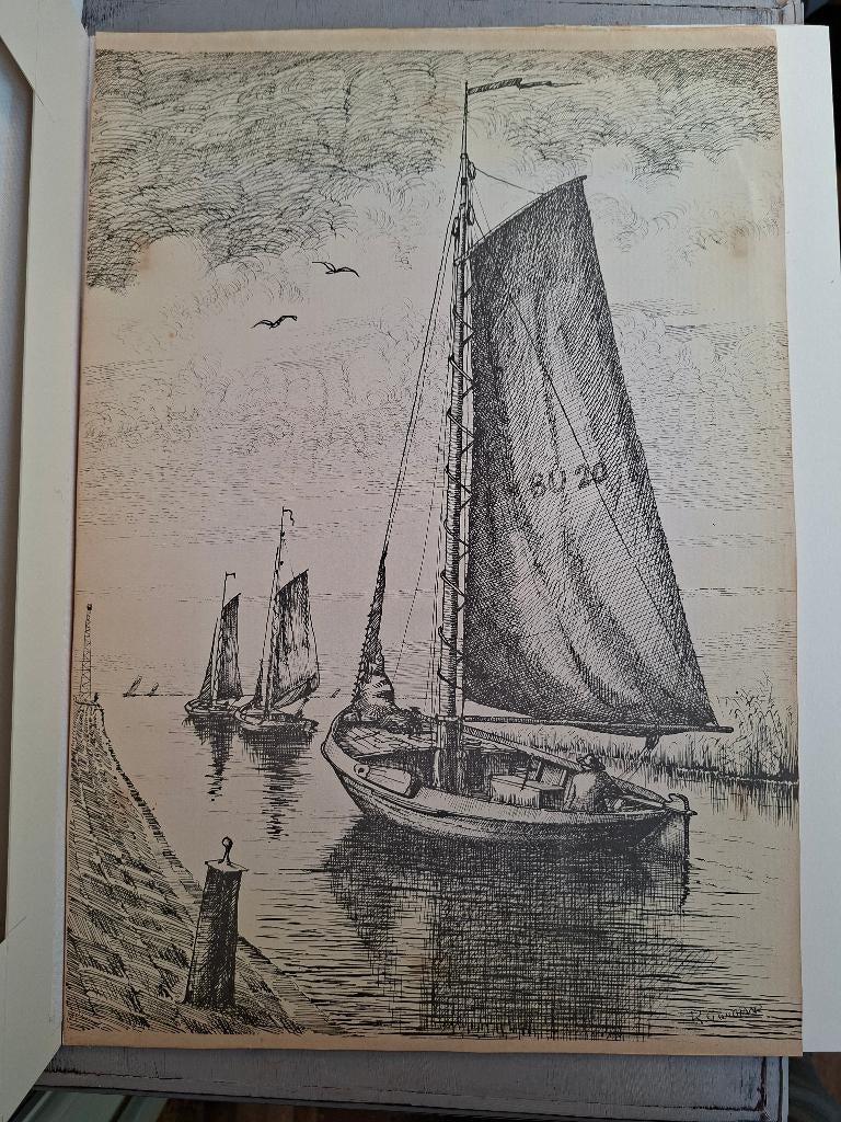 prent (pen)tekening Bunschoter Botter BU20 door R. Withaar, Ophalen of Verzenden