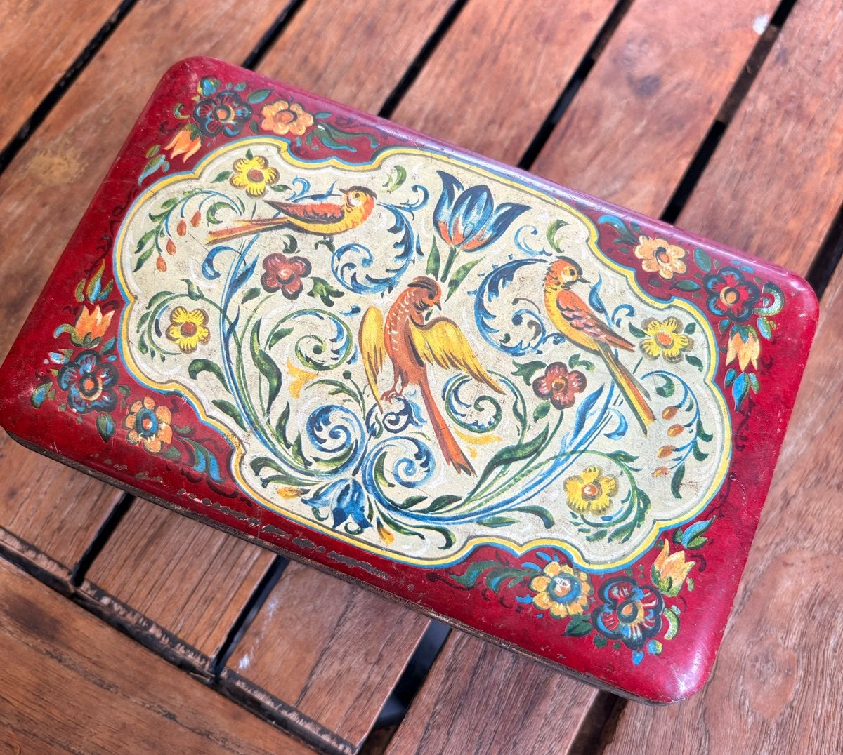 Vintage Bewaarblik met Vrolijke Vogels en Bloemen, Ophalen of Verzenden