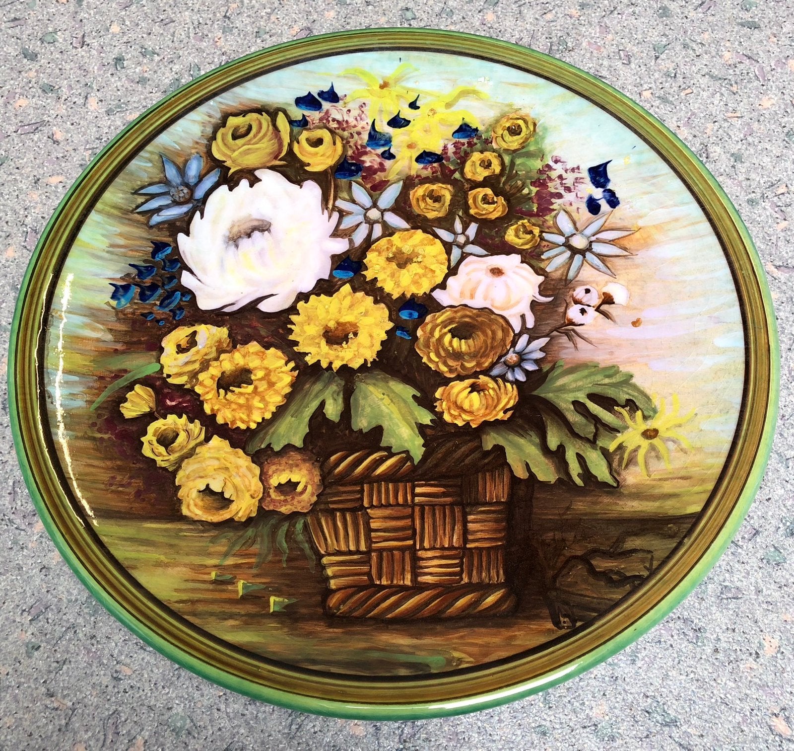 Groot (46cm) antiek wandbord met bloemen, stilleven, Ophalen