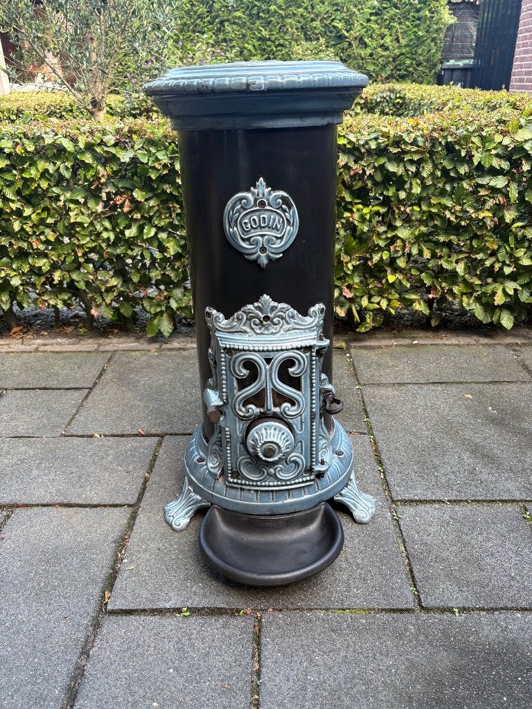 Mooie retrolook Godin houtkachel of kolen allesbrander 5KW, Huis en Inrichting, Ophalen, Vintage, Gebruikt, Blauw