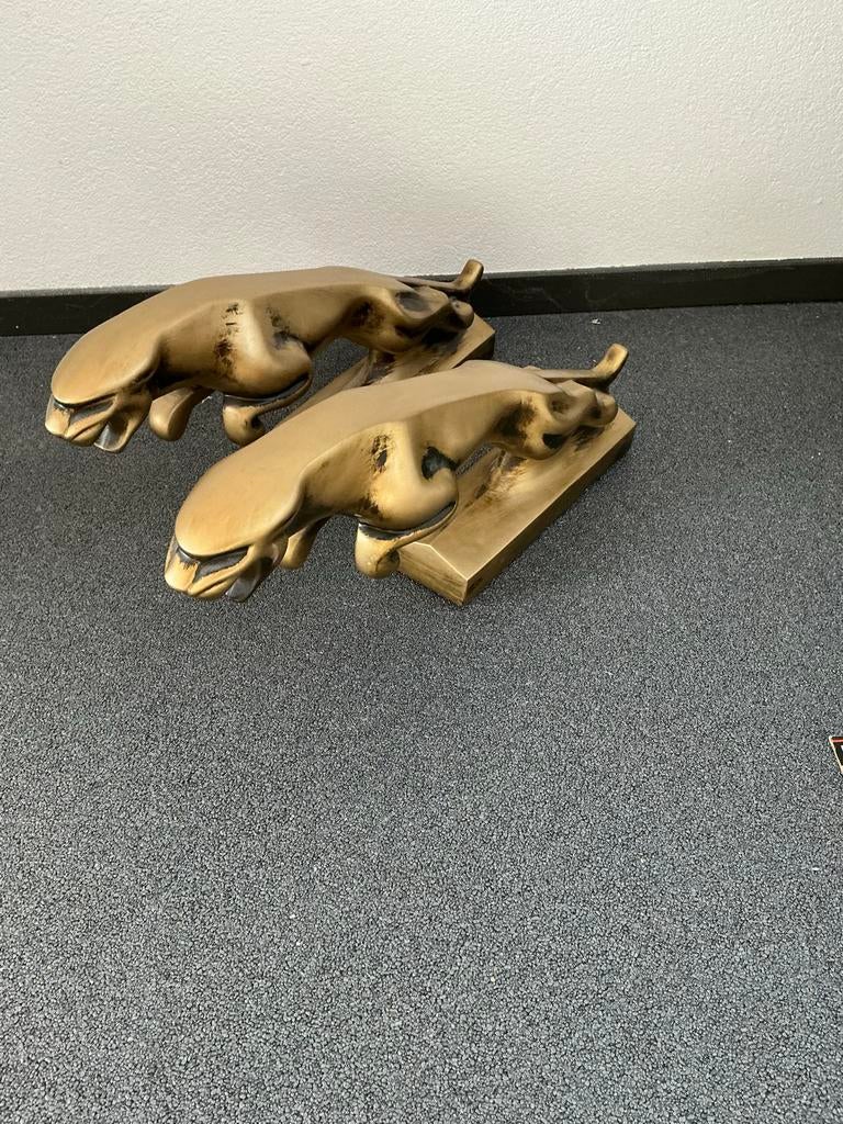 Twee gouden/brons kleurige Jaguars, Tuin en Terras, Tuinbeelden, Ophalen, Gebruikt, Steen, Dierenbeeld