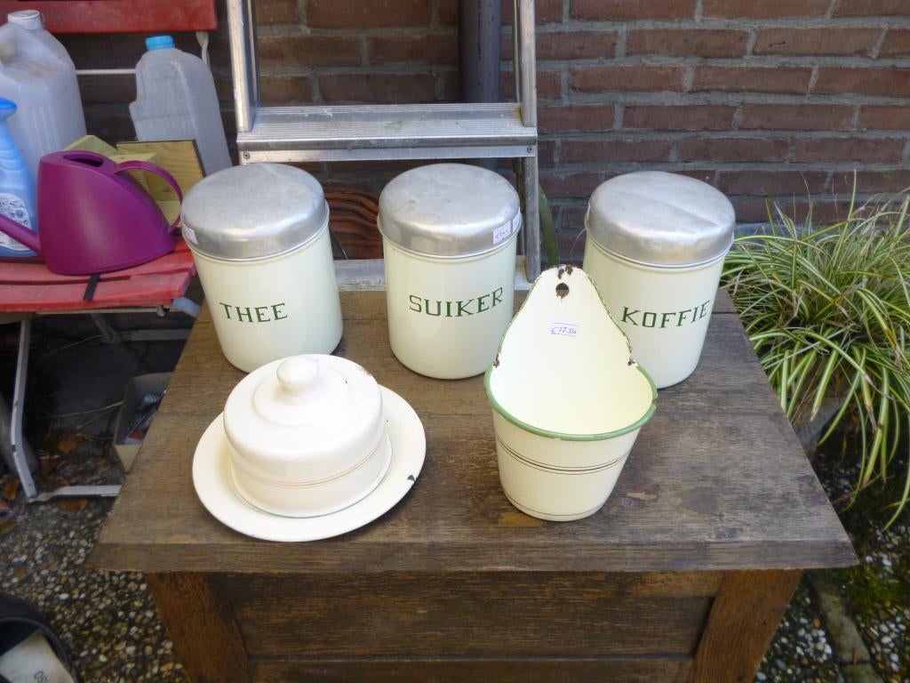antiek emaille creme met bies en grijsgewolkt, Antiek en Kunst, Antiek | Emaille, Ophalen of Verzenden