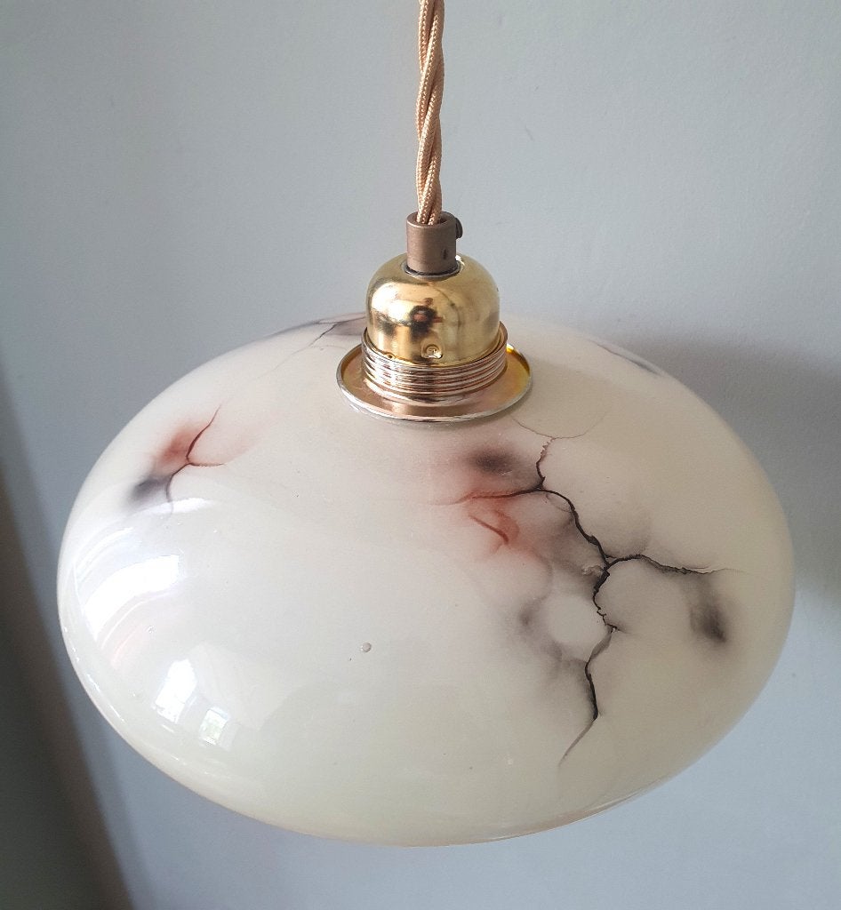 Vintage gemarmerder hanglamp - opaline glas - Art Deco, Ophalen, Zo goed als nieuw, Glas, Antiek, Art Deco, Vintage, Franse lamp, glas