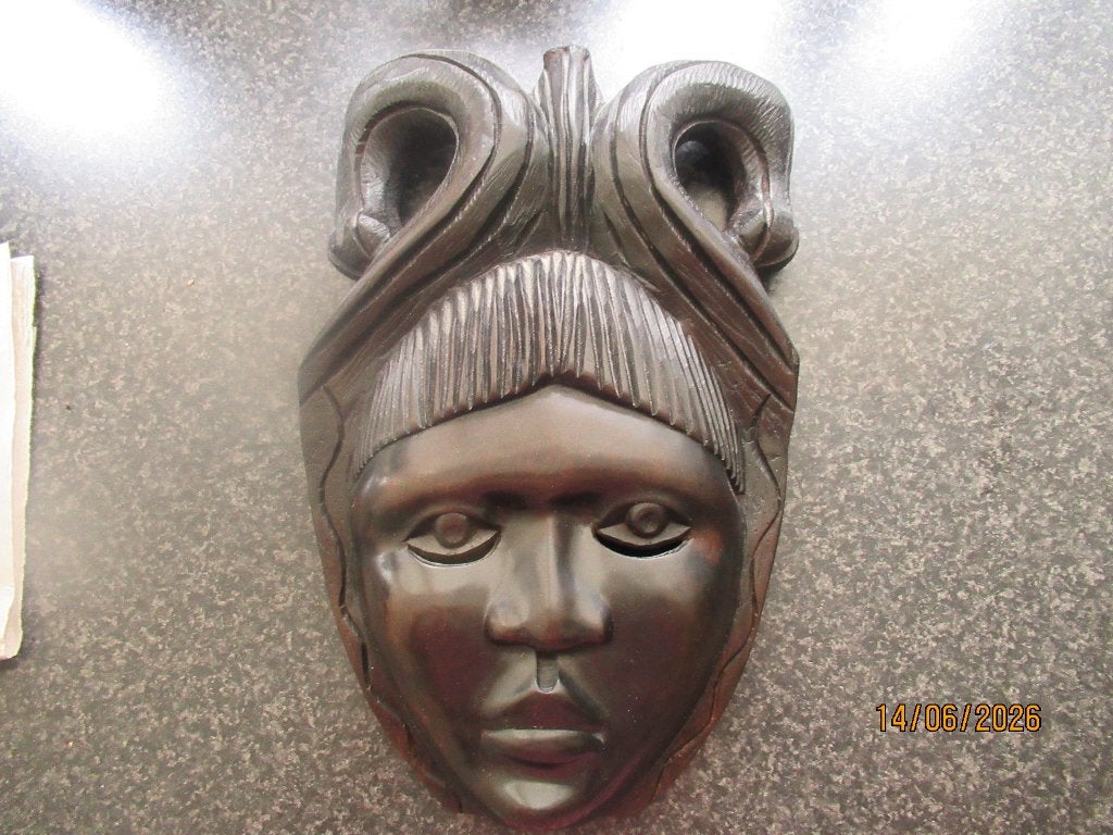 EBBENHOUT MASKER-AFRIKAANSE KUNST-TANZANIA-CA1960, Hout, Afrika, Masker, Handgemaakt