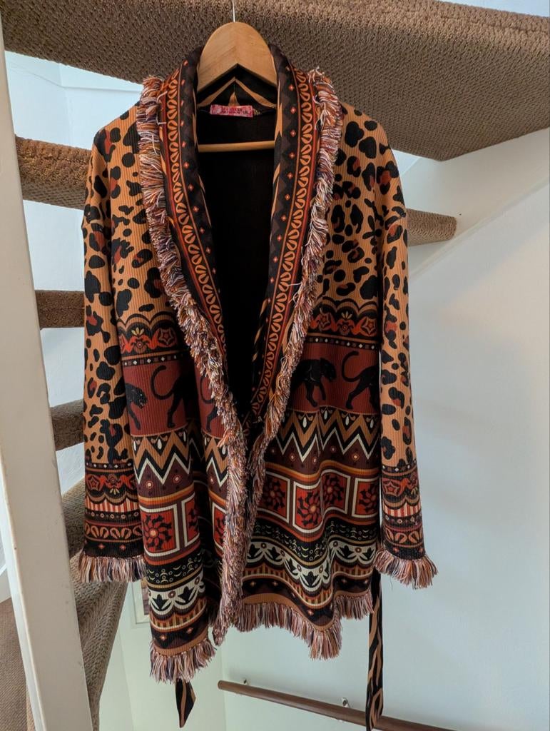 Tussendoor jasje met panterprint en franjes - 101 Idees, Kleding | Dames, Jassen | Zomer, Zo goed als nieuw, Maat 42/44 (L), Bruin