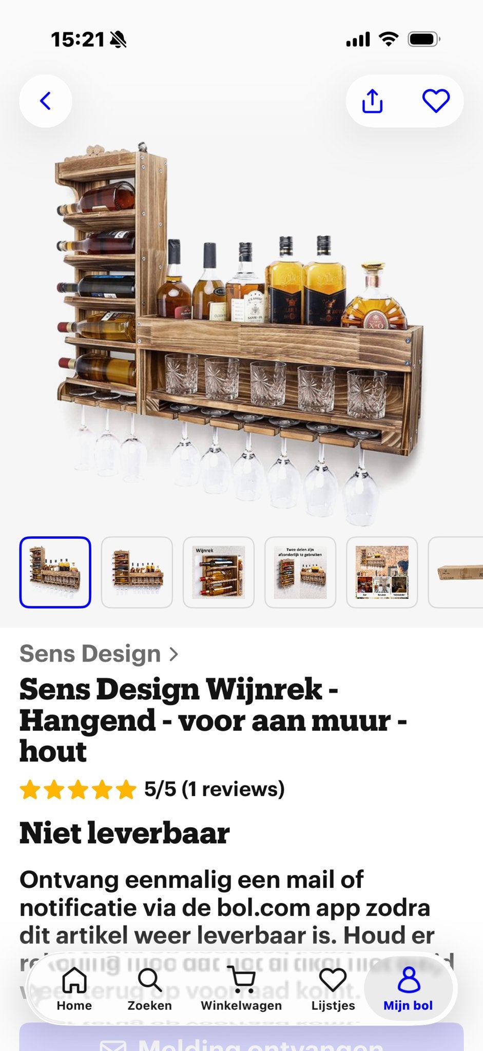 Sens Design Wijnrek - Hangend - voor aan muur - hout, Ophalen, 50 – 75, 5 tot 15 flessen, Nieuw