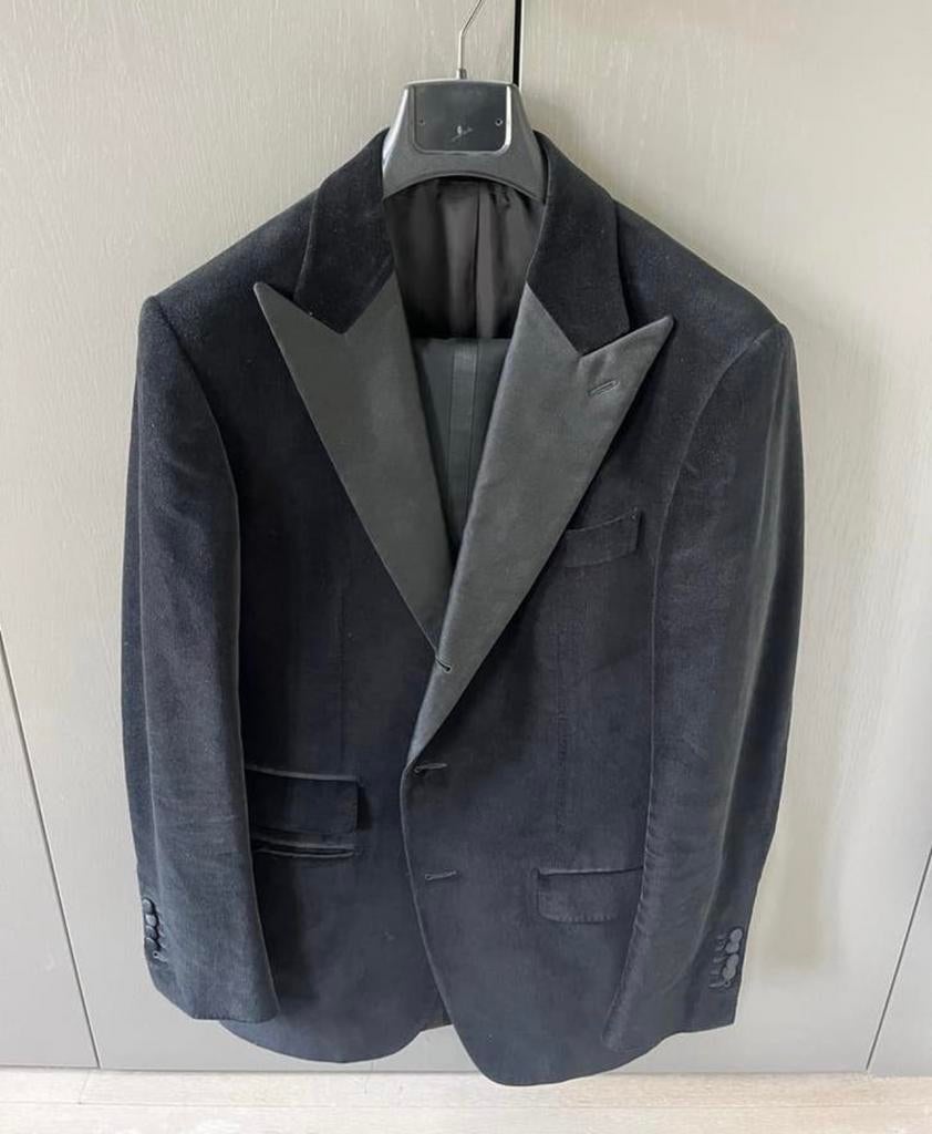 Suitsupply Smoking. Donkerblauw suède jas met zwarte broek, Kleding | Heren, Ophalen of Verzenden, Zo goed als nieuw, Blauw