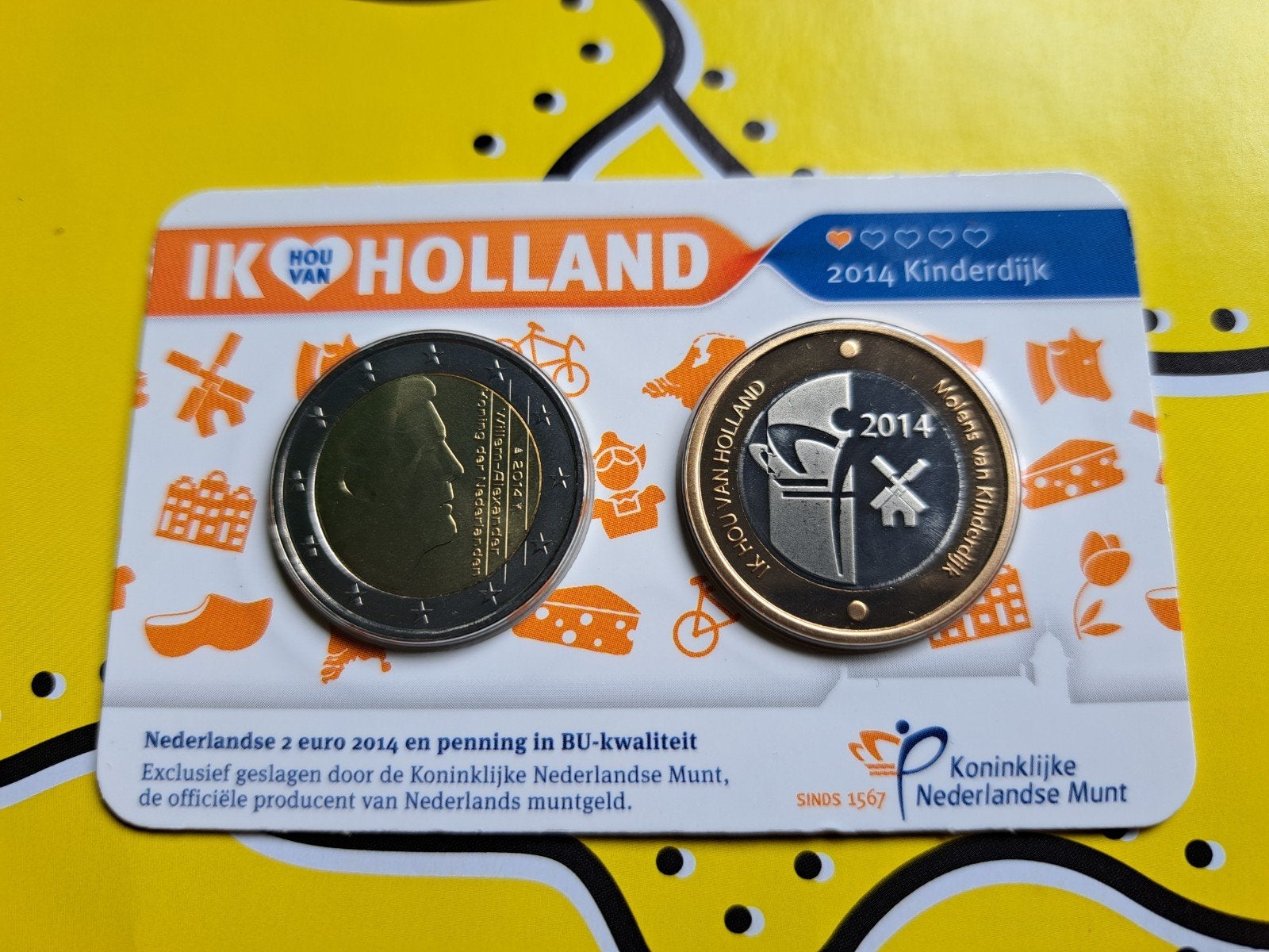 2 euro + Penning Hou van Holland 2014 Kinderdijk, Ophalen of Verzenden, Euro's