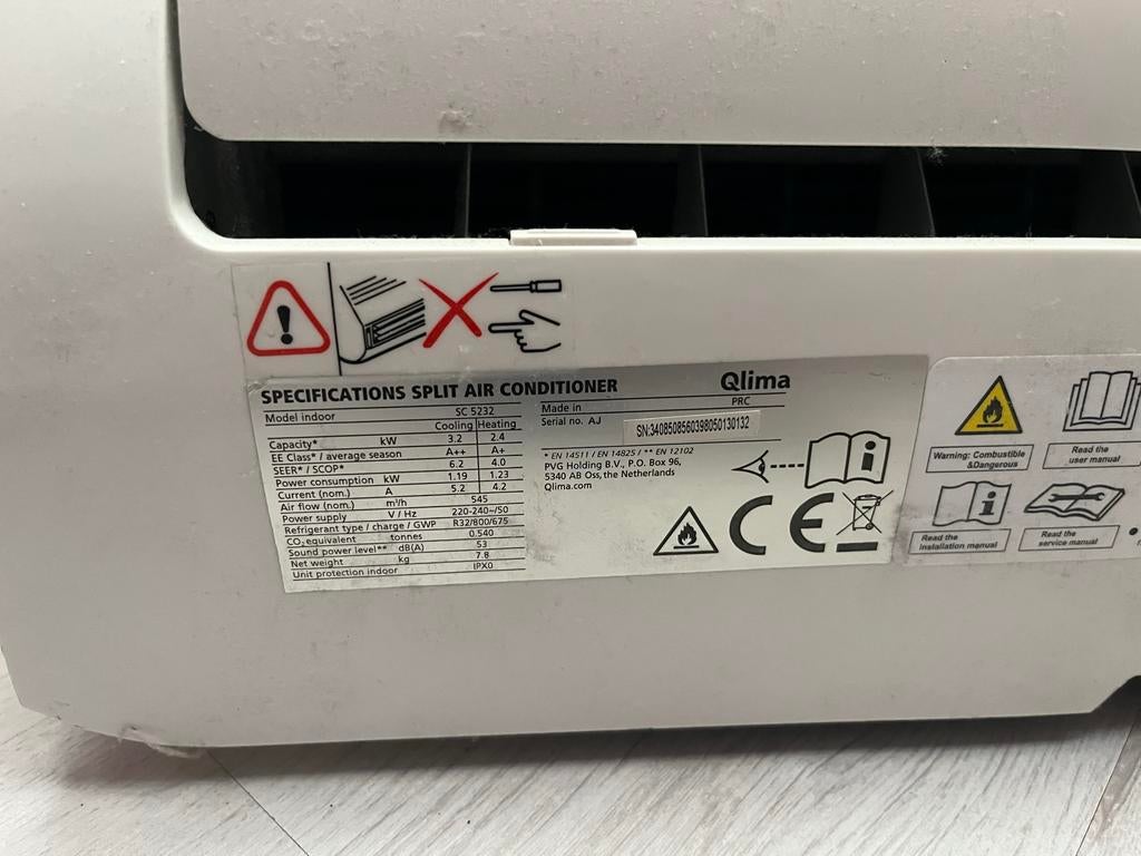 Airco Qlima split airconditioner met buitenunit, Witgoed en Apparatuur, Airco's, Ophalen, Gebruikt, Minder dan 60 m³, 3 snelheden of meer