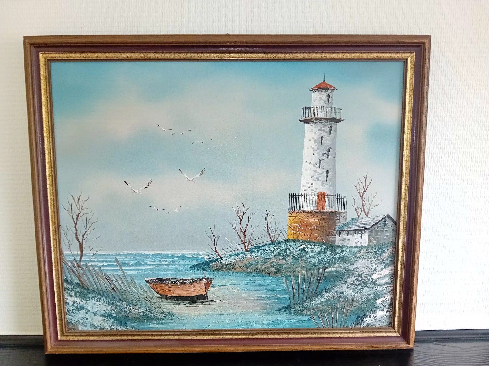 Schilderij met vuurtoren en bootje, Ophalen of Verzenden